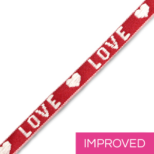 Lint met tekst "Love" rood-wit 10mm (per meter).