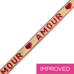 Lint met tekst "Amour" beige-warm rood 10mm (per meter).