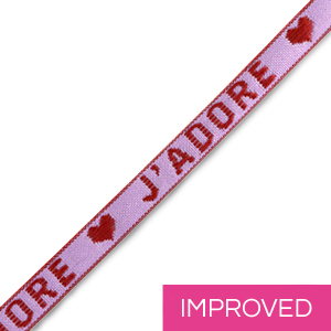 Lint met tekst "J'adore" paars-warm rood 10mm(per meter).