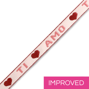 Lint met tekst "Ti Amo" roze-warm rood 10mm (per meter).