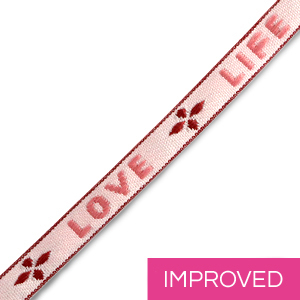 Lint met tekst "Love Life" roze-warm rood 10mm (per meter).