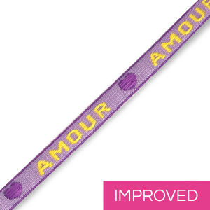 Lint met tekst "Amour" paars-geel 10mm (per meter).