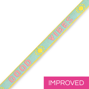 Lint met tekst "Good Vibes" turquoise-roze 10mm (per meter).
