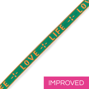 Lint met tekst "Love Live" groen-oranje 10mm (per meter).