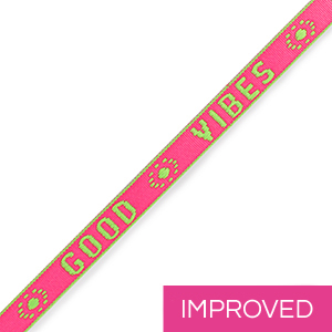 Lint met tekst "Good Vibes" roze-groen 10mm (per meter).