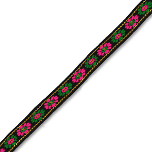 Lint met bloemen zwart-groen-roze 12mm (per meter).
