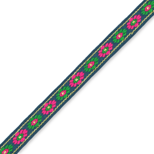 Lint met bloemen donker blauw-groen-roze 12mm (per meter).