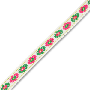 Lint met bloemen wit-groen-roze 12mm (per meter).