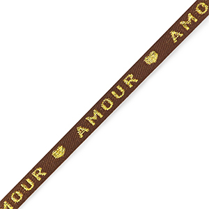 Lint met tekst "Amour" bruin-goud 10mm (per meter).