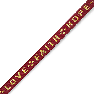 Lint met tekst "Love Faith Hope" rood-goud 10mm (per meter).