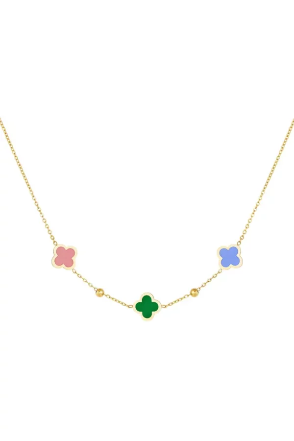 Ketting 3 klavertjes en kleine bolletjes Green & Gold Stainless Steel